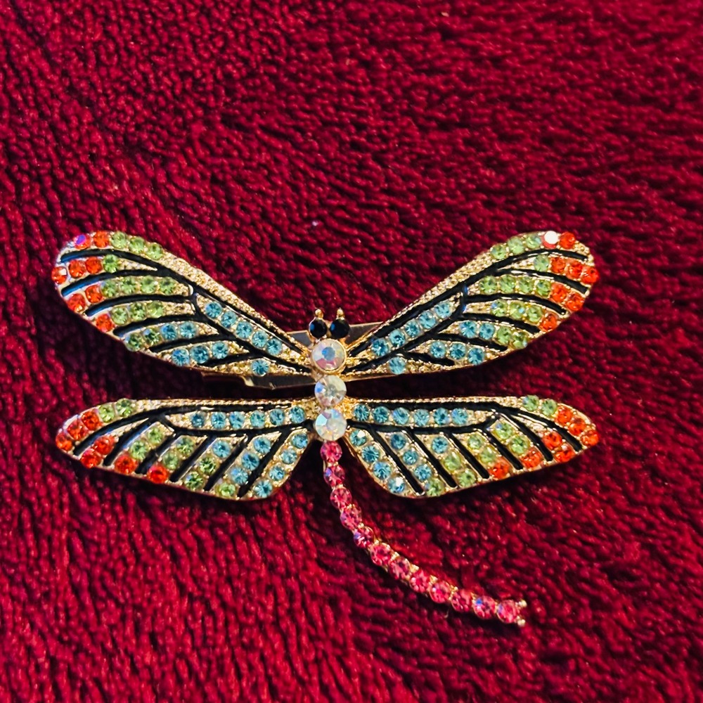 Multicolor Rhinestone Dragonfly Brooch Gold Tone Insect Pin - Picture 4 of 7